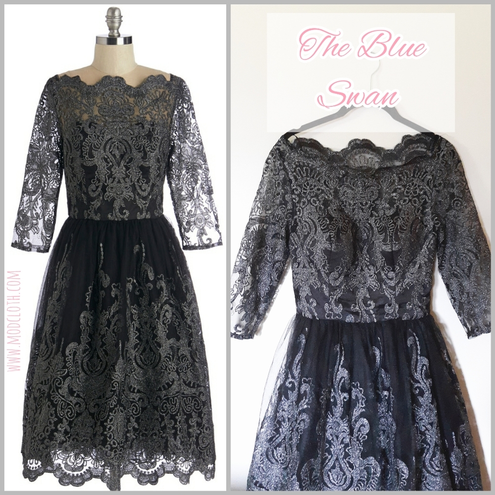 NWT Modcloth Gilded Grace Black Silver Lace Dress